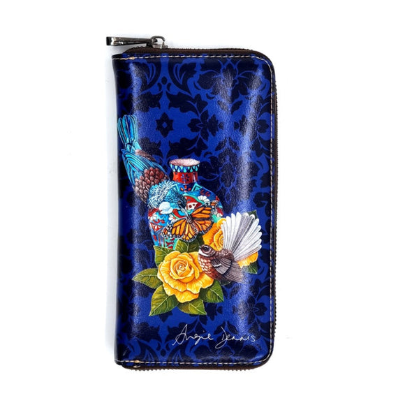 Blue wallet with floral and bird design on a white background