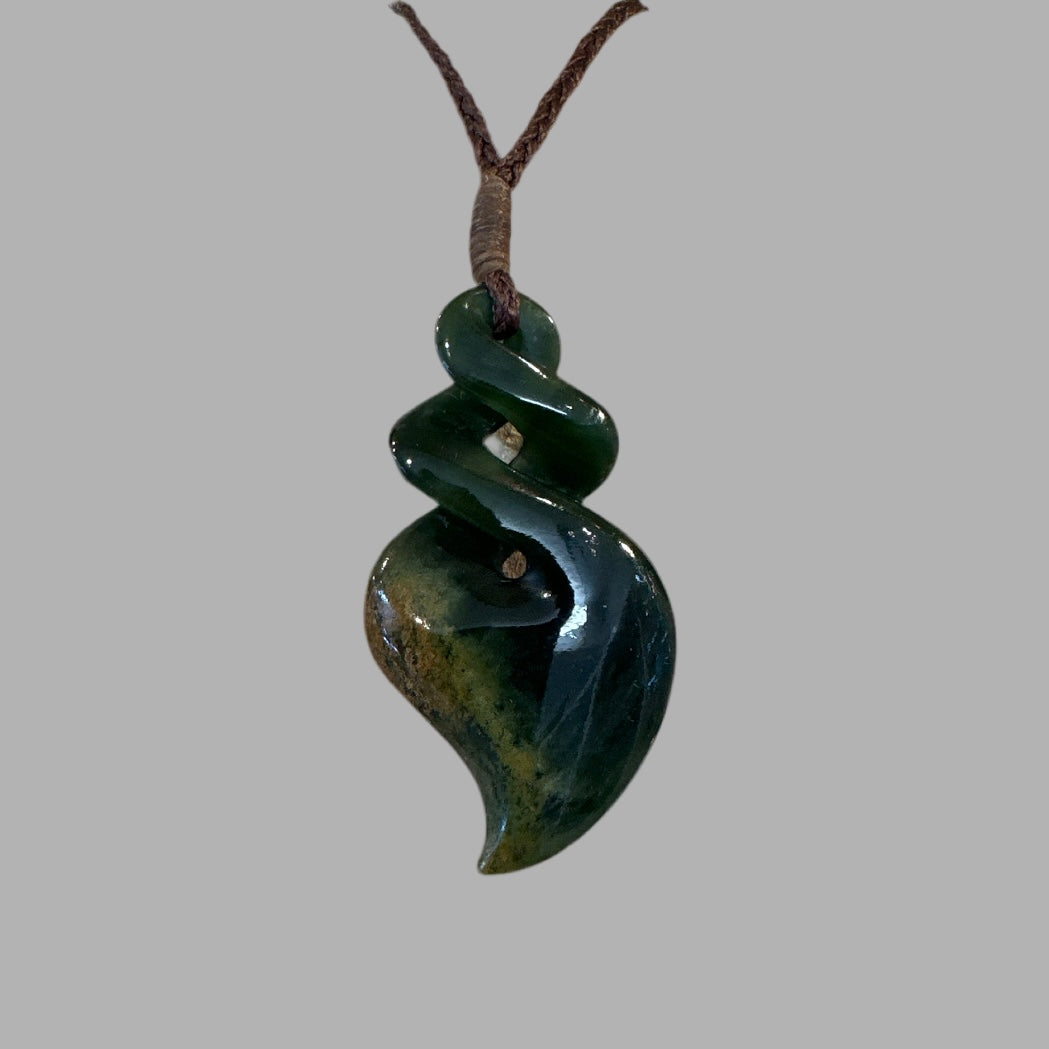 Te Wahi Pounamu Flower Jade Flat Double Pikorua (Twist) 48mm