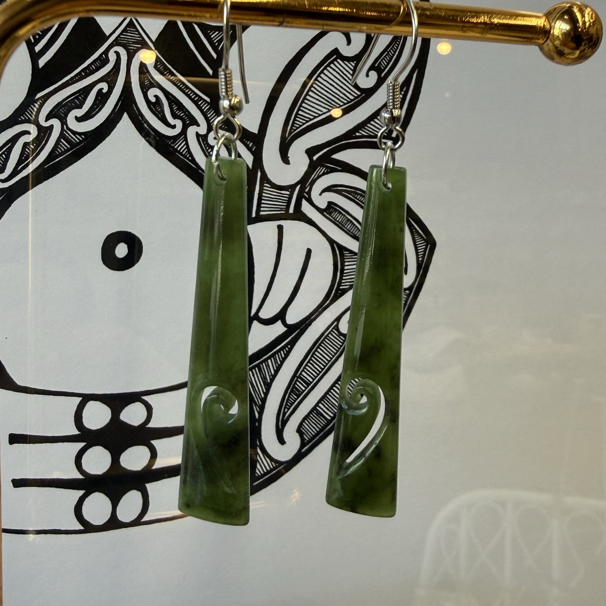 Long Toki Pounamu Earrings with Koru